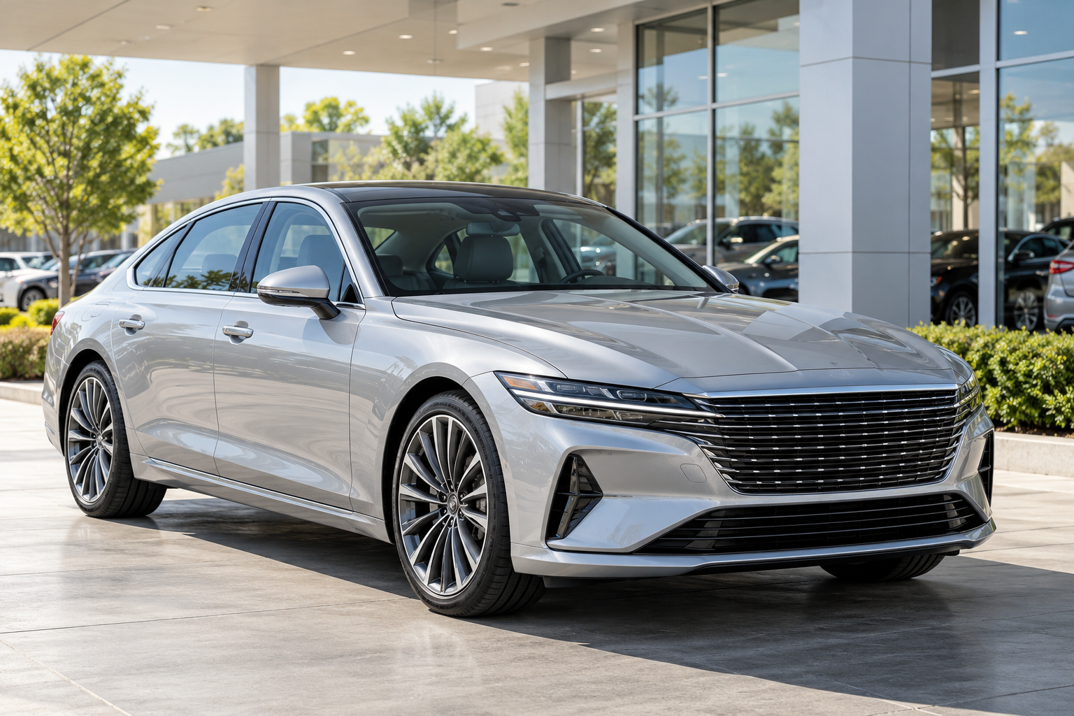 Berline argentée présentée devant une concession automobile