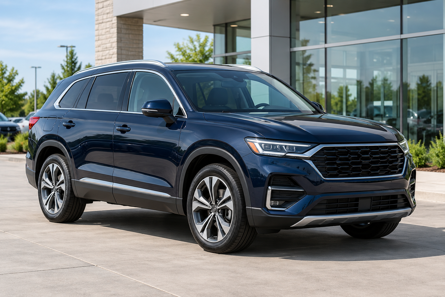 SUV bleu présenté devant une concession automobile