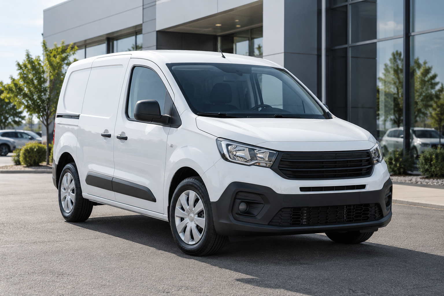 Véhicule utilitaire blanc présenté devant une concession automobile